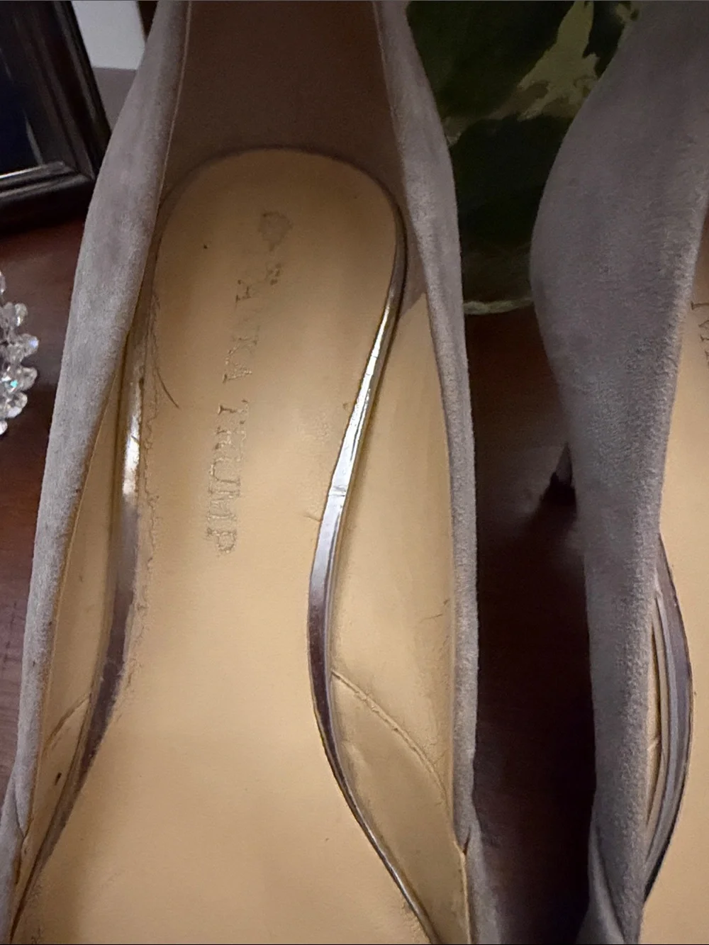 Ivanka Trump Gray Suede Pumps with Silver Strap and Snakeskin Toe Cap